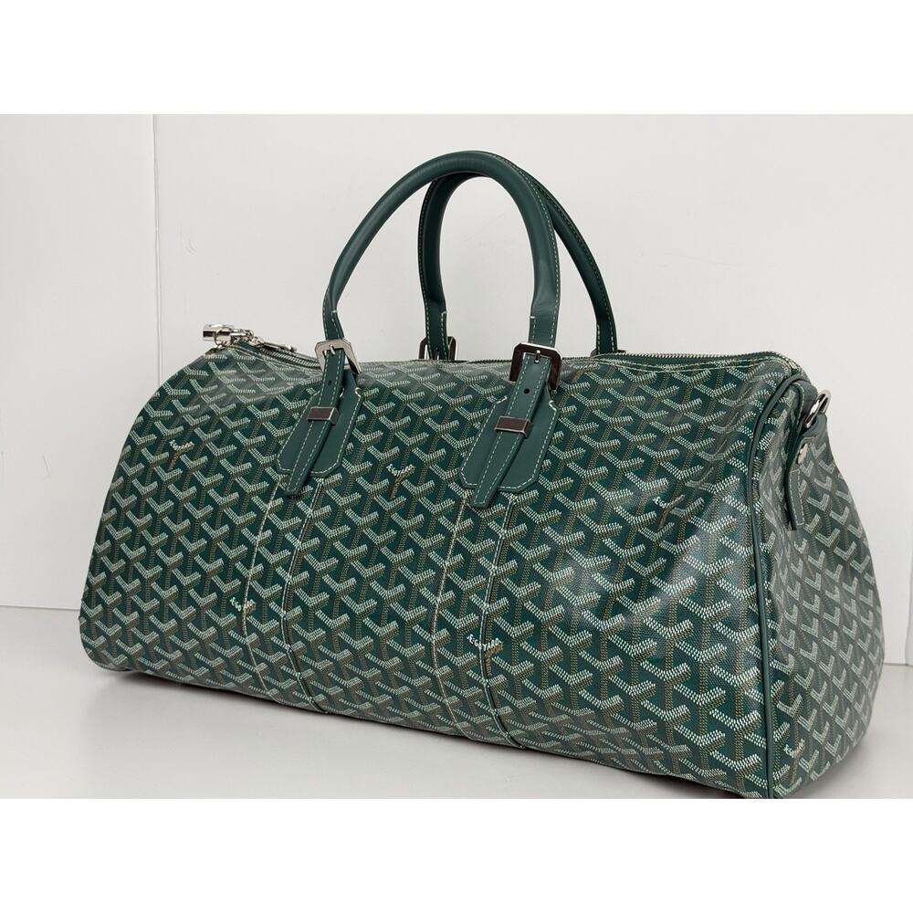 Goyard Boston 45 Travel Bag in Green Goyardine Canvas with Leather Trim